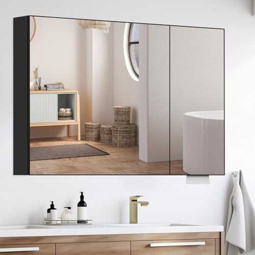 36 x 24 Black Medicine Cabinet, Aluminum Mirror Medicine Cabinet for Bathroom, Pre-Assembled Recessed/Surface-Mounted Medicine Cabinet, Tempered Frameless Mirror - color: Black, size: 36 x 24