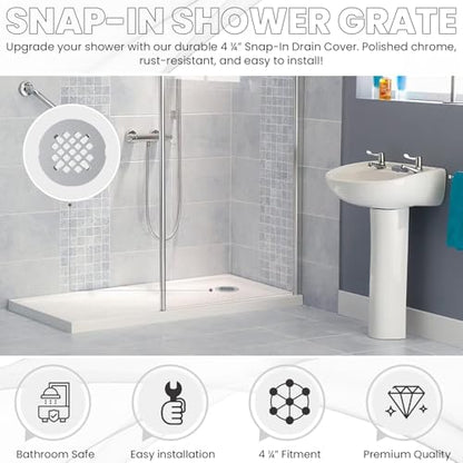4 ¼” Chrome Snap-in Shower Drain Cover -Solid Brass Construction - 4.25" OD Premium Round Grate Strainer - Easy Install - Professional Grade and Durability - Polished Finish - color: Chrome
