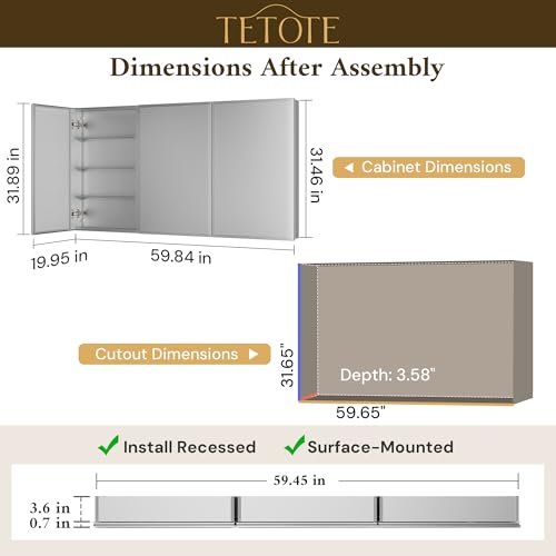 TETOTE 60 x 32 Medicine Cabinet with Tempered Beveled Mirror Silver Aluminum Cabinet DTC Hinges, Stepless Adjustable Shelves, Recessed/Surface-Mounted - color: Silver, size: 32"L x 60"W