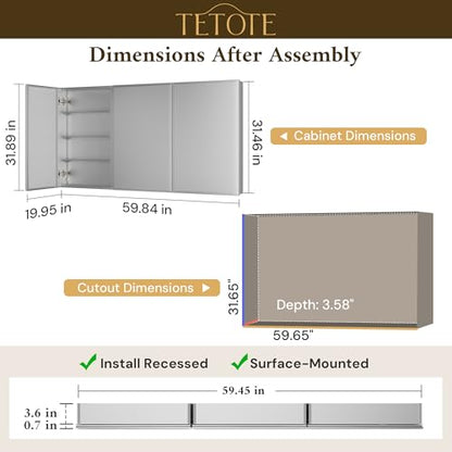 TETOTE 60 x 32 Medicine Cabinet with Tempered Beveled Mirror Silver Aluminum Cabinet DTC Hinges, Stepless Adjustable Shelves, Recessed/Surface-Mounted - color: Silver, size: 32"L x 60"W