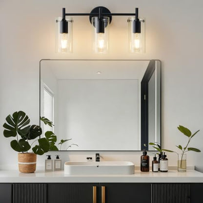 Indoi Bathroom Light Fixtures, 3-Light Matte Black Vanity Light, Black Bathroom Lights Over Mirror with Clear Glass Shade, Wall Sconces for Mirror Bedroom Living Room Hallway - color: Matte Black