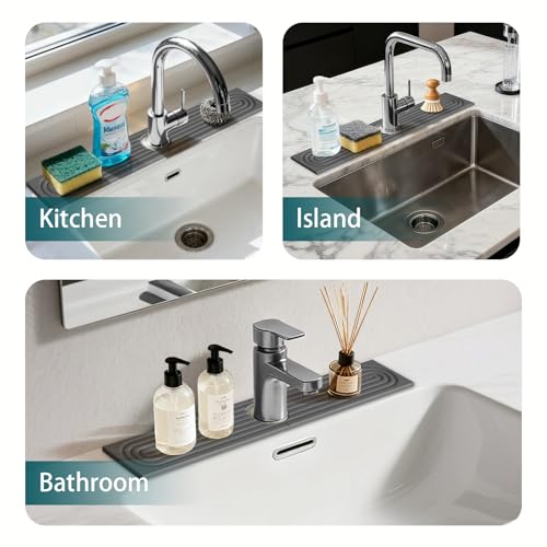 2-Piece Stone Faucet Mat for Kitchen Sink, Split Water-Absorbing Sink Tray with Center Faucet Opening, Dark Gray, 23.6 x 3.9 Inches Combined - color: Gray-Long