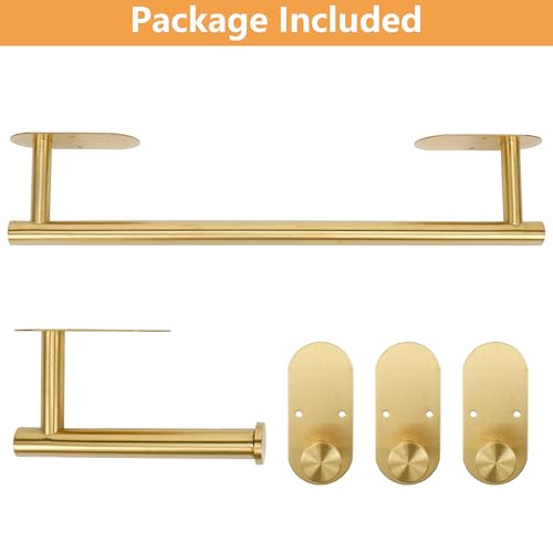 TocTen 5 Pieces Wall Mounted or Self Adhesive Towel Bar Set, Stainless Steel Bathroom Hardware Set Include 16″ Towel Rack, Toilet Paper Holder, 3 Towel Hook, Sticky Bathroom Accessory Kit (Gold) - color: Brushed Gold