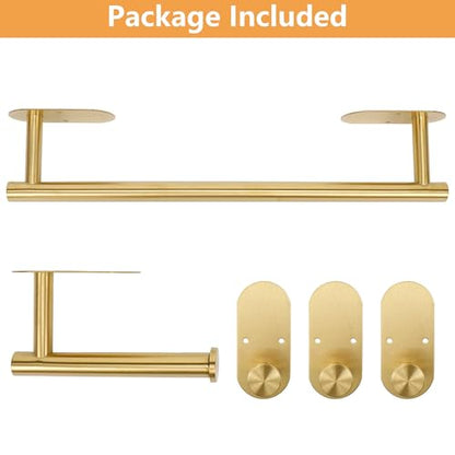 TocTen 5 Pieces Wall Mounted or Self Adhesive Towel Bar Set, Stainless Steel Bathroom Hardware Set Include 16″ Towel Rack, Toilet Paper Holder, 3 Towel Hook, Sticky Bathroom Accessory Kit (Gold) - color: Brushed Gold