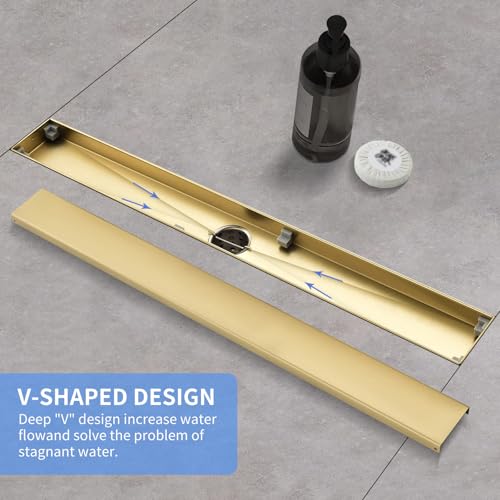 Linear Shower Drain ，with Tile Insert Panels ，18 Inch Brushed Gold 304 Stainless Steel Rectangle Shower Floor Drain，with Hair Catcher, Adjustable Feet - color: Brushed Gold, size: 18inch