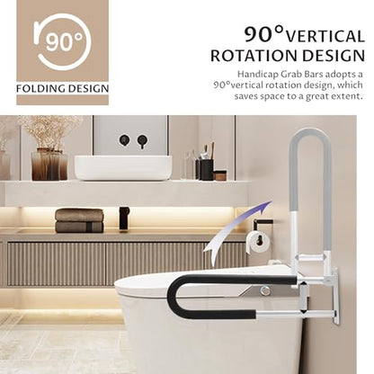 KUAFU 23.6 Inch Handicap Grab Bars Flip Up Folding Toilet Grab Bar Rails | Bathroom Safety Bar Hand Support for Disabled Elderly Pregnant Woman Wall Mounted Aluminum Silver