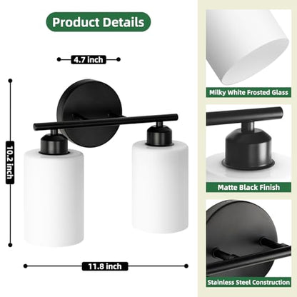 2-Light Bathroom Light Fixtures, Black Modern Vanity Lights with Milky White Frosted Glass Shades, Bathroom Wall Lamp for Kitchen Living Room Hallway - color: Milky White & Matte Black, size: 2 Light - 1 pack