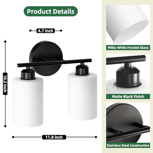 2-Light Bathroom Light Fixtures, Black Modern Vanity Lights with Milky White Frosted Glass Shades, Wall Sconce Light for Bedroom, Living Room and Hallway, 2-Pack - color: Milky White & Matte Black, size: 2 Light - 2 pack