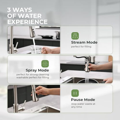 VFAUOSIT Touchless Kitchen Faucet with Pull Down Sprayer, Brushed Nickel | 3 Spray Modes, cUPC/CEC Certified, SUS304 Steel, Fingerprint-Resistant Finish, Ceramic Disc Valve, Single-Handle Control - color: Brushed Nickel-03