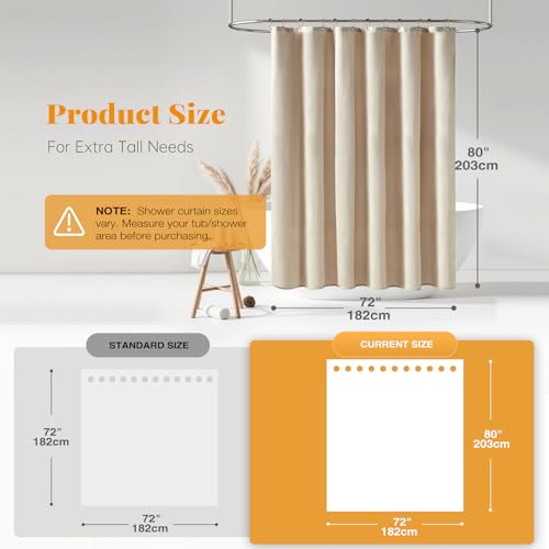 72x80 Linen Textured Waterproof Fabric Shower Curtain Set, Beige/Cream | Long Size, 230GSM Polyester, Heavy Duty Cloth, Weighted Hem, 12 Plastic Hooks, Modern Luxury Hotel Style, Machine Washable - color: A - Cream, size: 72"W x 80"L (Pack of 1)