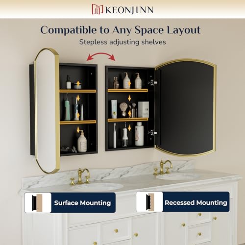 Keonjinn Medicine Cabinet 16 x 26 Inch, Surface Mount or Recessed Cabinets with Mirrors, Gold Metal Framed Wall Mirror with Storage, 2 Adjustable Shelves, Beveled Edge Frame | Adjustable Shelves, Different Curved Frame Design, Wall Mirror with Storage, Su