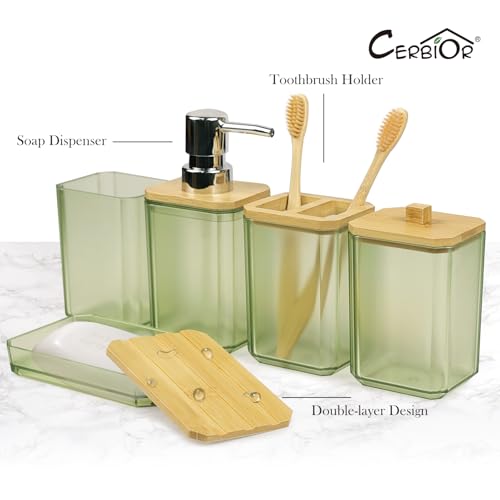 CERBIOR Bamboo Bathroom Accessories Set 7 Piece Bath Ensemble,Green | Includes Soap Dispenser, Toothbrush Holder, Toothbrush Cup, Soap Dish for Decorative Countertop and Housewarming Gift - style: Green