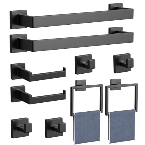 10-Pieces Matte Black Bathroom Accessories Set, 16 Inch Bath Towel Bar Set, SUS 304 Stainless Steel Bathroom Hardware Set, Towel Holder, Towel Racks for Bathroom Wall Mounted - color: Matte Black-10pcs