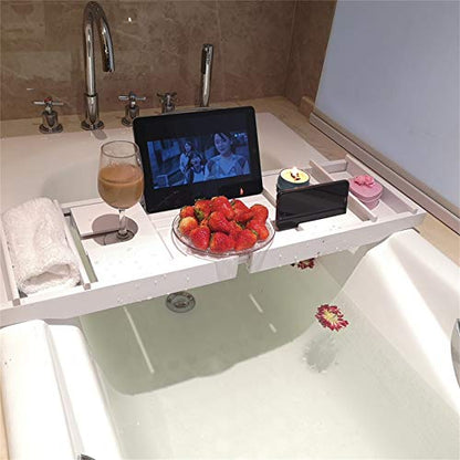 Bamboo Bathtub Tray Expandable Bath Caddy Organizer with Reading Rack Wooden Spa Bath Tub Shelf Storage Bridge for Bathroom Relaxation-Grey