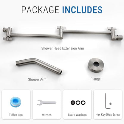 G-Promise 18 Inch Shower Extender with 6Inch Arm and Flange(Brushed Nickel) | Solid Brass Construction, Height and Angle Adjustable, Standard Connection Thread, All Installation Tools Included - color: Brushed Nickel, style: 18 Inch