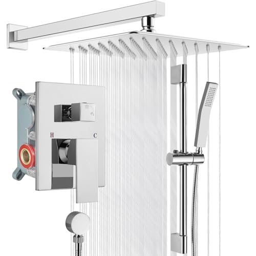 gotonovo 12 Inch Bathroom Shower Faucet Set with Slide Bar Polished Chrome | SUS304 Rainfall Shower Head with Handheld Sprayer Combo,Rough-in Valve Trim Kit Complete,Adjustable Handheld Height,All Metal - color: Chrome
