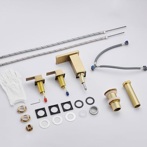 LED Bathroom Faucet 3 Hole, Brushed Gold Waterfall Bathroom Faucets, 8 Inch Widespread Modern Bathroom Sink Faucet, Wide Spread Touch On Three Hole 2 Handle Bathroom Vanity Faucet - color: Brushed Gold