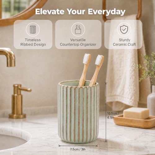 Green Ceramic Toothbrush Holder Cup | Striped Modern Farmhouse Bathroom Organizer Toothpaste Cup & Makeup Brush Tumbler - color: Green