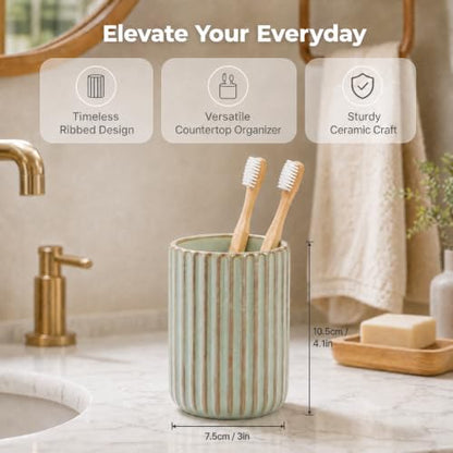 Green Ceramic Toothbrush Holder Cup | Striped Modern Farmhouse Bathroom Organizer Toothpaste Cup & Makeup Brush Tumbler - color: Green
