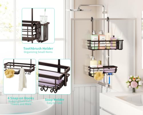 HapiRm Hanging Shower Caddy Organizer - No Drilling Shower Shelves with Hooks and Toothbrush Holder, Rustproof 304 Stainless Steel Bathroom Organizer - Bronze - color: Bronze