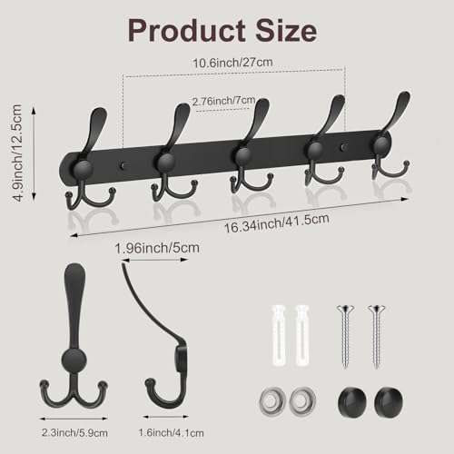 YUNISS Coat Rack Wall Mounted，5 Tri Stainless Steel Coat Hook for Coat Hat Robes Towel in Mudroom Entryway (Black, 1 Pack 5 Hook) - color: Black, size: 1 Pack 5 Hook