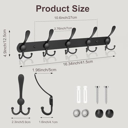 YUNISS Coat Rack Wall Mounted，5 Tri Stainless Steel Coat Hook for Coat Hat Robes Towel in Mudroom Entryway (Black, 2 Pack 5 Hook) - color: Black, size: 2 Pack 5 Hook