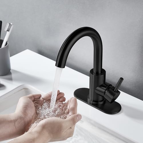 Matte Black Bathroom Sink Faucet Single Hole, Modern Single Handle Bathroom Faucet Commercial Stainless Steel Bar Faucet Laundry Sink Faucet with Drain - color: Matte Black, size: With drain