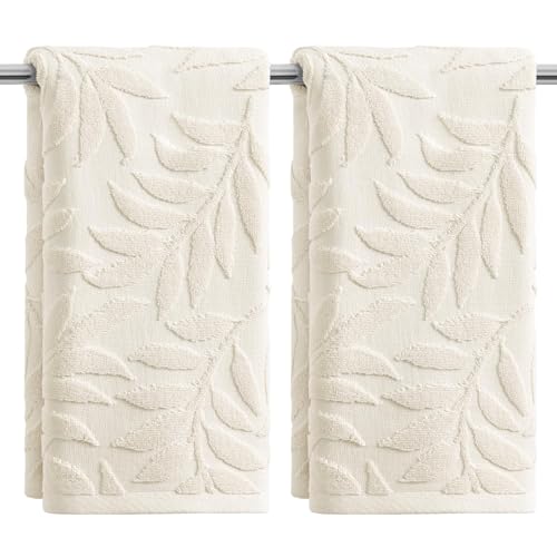 Artoid Mode 2 Pcs Beige 3D Leaves Jacquard Hand Towels for Bathroom, 100% Cotton Soft Absorbent Bathroom Decor Towels, 13.7 x 29.5 Inch - color: Beige, size: 13.7" x 29.5", 2PCS