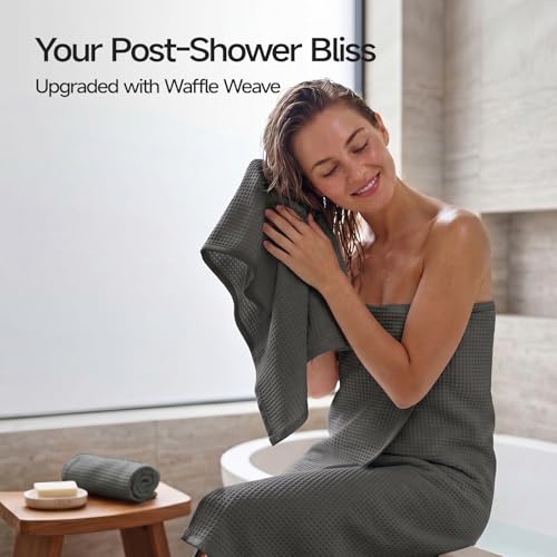 ecolook 6-Piece Waffle Towel Set, 100% Cotton Lightweight - Dark Gray | Absorbent & Quick-Drying, 2 Bath Towels (31×63 in), 2 Hand Towels, 2 Washcloths, Lint-Free for Bathroom, Pool, Gym, Travel - color: Dark Gray