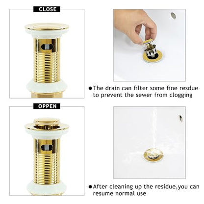 Bathroom Sink Drain,Drain Stopper Gold Stainless Steel Bathroom Sink Without Overflow,Small Cap Pop Up Drain Assembly with Detachable Strainer Basket,Built-in Anti-Clogging - color: Gold-small Cap, style: Without Overflow