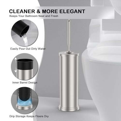 Stainless Steel Toilet Bowl Brush and Holder Set Scrubber Nickel | Weighted Stable Base Removable Inner Tube Toilet Bowl Brush Splash-Proof Design for Deep Cleaning Space Saving Storage - color: Nickel