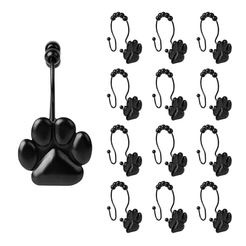 Sunlit Fashion Design Cute Paw Print Polished Double Shower Curtain Hooks for Dog Cat and Bear, Rust Proof Oil Metal Shower Curtain Rings, Black-12 Pack - color: Black With Double Hooks