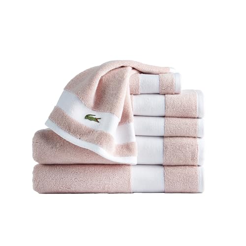 Lacoste Sport Stripe 6-Piece Luxury Cotton Towel Set – Made with 100% Soft Supima Cotton, Absorbent & Quick-Drying, Includes 2 Bath Towels, 2 Hand Towels, 2 Washcloths, Light Pink - color: Light Pink