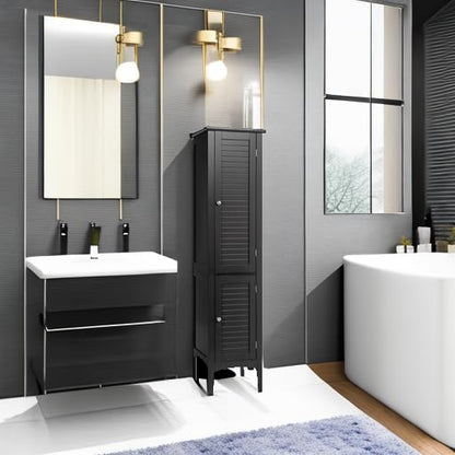 Tangkula Tall Bathroom Storage Cabinet, 5-Tier Wooden Freestanding Tower Cabinet, Narrow Storage Floor Cabinet w/ 2 Doors & Shelves for Bathroom Living Room Kitchen (Black)