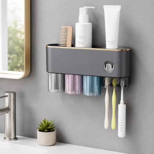 Bathroom Toothbrush Holder —Wall-Mounted Toothbrush Organizer (with Automatic Toothpaste Dispenser), Magnetic Rinse Cup Design, No-Drill Bathroom Vanity Storage Tray (Gunmetal Gray (3-Cup)) - color: Gunmetal Gray (3-cup)