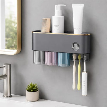 Bathroom Toothbrush Holder —Wall-Mounted Toothbrush Organizer (with Automatic Toothpaste Dispenser), Magnetic Rinse Cup Design, No-Drill Bathroom Vanity Storage Tray (Gunmetal Gray (3-Cup)) - color: Gunmetal Gray (3-cup)