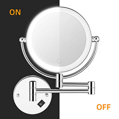 8" Wall Mounted Lighted Makeup Mirror, Double-Sided 1X/5X Magnifying Vanity Mirror with 3 Color LED Lights, Stepless Dimming Touch Control, 360° Swivel & Extendable Arm, Plug-in Powered, Chrome