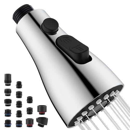 Kitchen Faucet Head Replacement, 15 Adapters, 3-Mode Pull Down Sprayer Head | 3 Functions Stream Spray Pause, Easy 5-Min Install, Pull Out Nozzle, Chrome, Compatible with Moen Delta Hansgrohe - color: Chrome