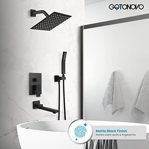 gotonovo Tub Shower Faucet Set with Valve Kit 8’’ Head,Matte Black | Shower System with Tub Spout,SUS304 Rain Head with Handheld Sprayer,Swivel Spout,All Metal,Rough-In Valve Trim Kit,Wall Mount - color: Black, size: 8’’ Head