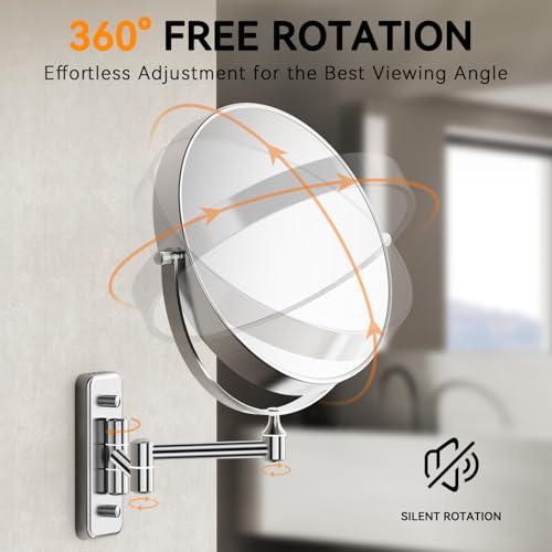 Auxmir 8" Double-Sided Wall-Mounted Makeup Mirror, 1X/20X Magnifying Mirror | stainless steel, 13-inch extendable swivel arm, 360°shaving rotation, bathroom makeup mirror, tweezers, Chrome - color: Chrome-1x/20x