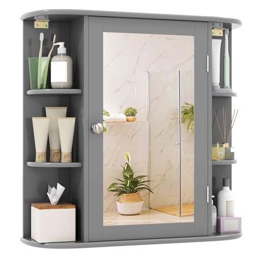 Tangkula Bathroom Wall Cabinet with Mirror, Modern Medicine Cabinet with Mirrored Door, 4 Internal Shelves & 6 Side Open Shelves, Wall Mounted Space-Saving Storage Organizer - color: Grey