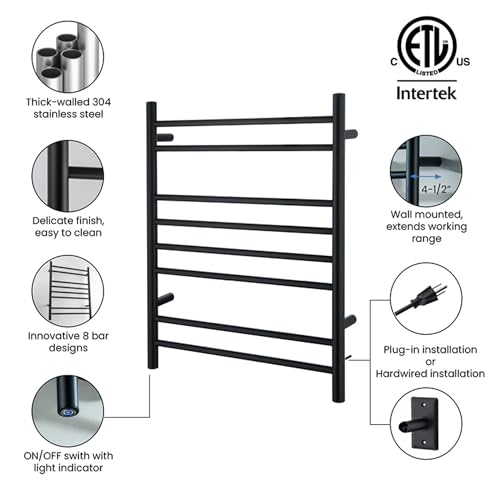 Kibi 24 Inch Wall-Mounted Electric Towel Warmer Rack– 8-Bar 304 Stainless Steel, ETL-Certified, Hardwired or Plug-in, Fast-Heat Up to 122 Degrees F – Heated Towel Rack for Bathroom (Matte Black) - color: Matte Black