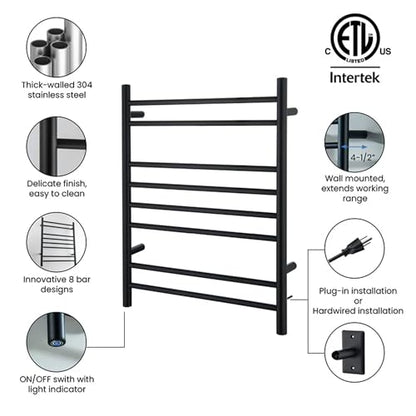 Kibi 24 Inch Wall-Mounted Electric Towel Warmer Rack– 8-Bar 304 Stainless Steel, ETL-Certified, Hardwired or Plug-in, Fast-Heat Up to 122 Degrees F – Heated Towel Rack for Bathroom (Matte Black) - color: Matte Black