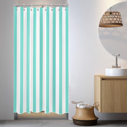 Modern Farmhouse Narrow Shower Curtain Set, 48 x 68 inch, Teal and White Striped Half Size Liner, Fabric Set with Hooks - color: Teal, size: 48"W x 68"L (Pack of 1)