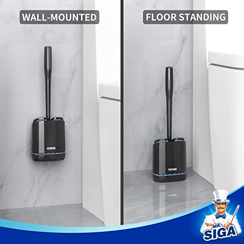 MR.SIGA Toilet Bowl Brush and Holder, Wall Mounted Toilet Brush, Black | Automatic lid design, sturdy handle, upgraded ventilation, flexible thermoplastic rubber head, easy to clean and dry quickly - color: Black, size: 4.8"L x 3.1"W x 15.7"H