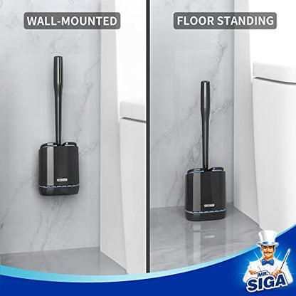 MR.SIGA Toilet Bowl Brush and Holder, Wall Mounted Toilet Brush, Black | Automatic lid design, sturdy handle, upgraded ventilation, flexible thermoplastic rubber head, easy to clean and dry quickly - color: Black, size: 4.8"L x 3.1"W x 15.7"H