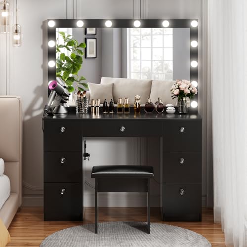 VOWNER Vanity with Lighted Mirror - Makeup Vanity Desk with Power Outlet and 7 Drawers, 3 Color Lighting Modes Adjustable Brightness, 44" Vanity Table with Soft Cushioned Stool for Women Girls, Black - color: Black