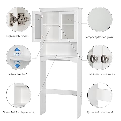 Spirich Over the Toilet Storage Cabinet with Tempered Glass Doors, White | Adjustable Shelf, Frosted Tempered Glass, Anti-Tip Fitting, 33-Inch Clearance for Standard Toilets, Bathroom Space Saver