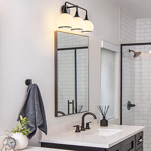 Black Bathroom Light Fixtures 3-Lights Vanity Lights with Milky White Frosted Glass Shade Bathroom Vanity Light 22.4 inch Wall Sconce Lighting Bath(Exclude E26 Bulb) - color: Black, size: 3 Light