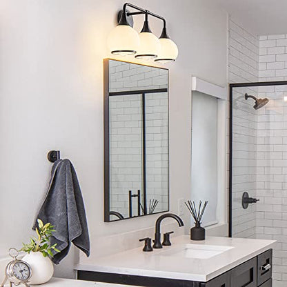 Black Bathroom Light Fixtures 3-Lights Vanity Lights with Milky White Frosted Glass Shade Bathroom Vanity Light 22.4 inch Wall Sconce Lighting Bath(Exclude E26 Bulb) - color: Black, size: 3 Light